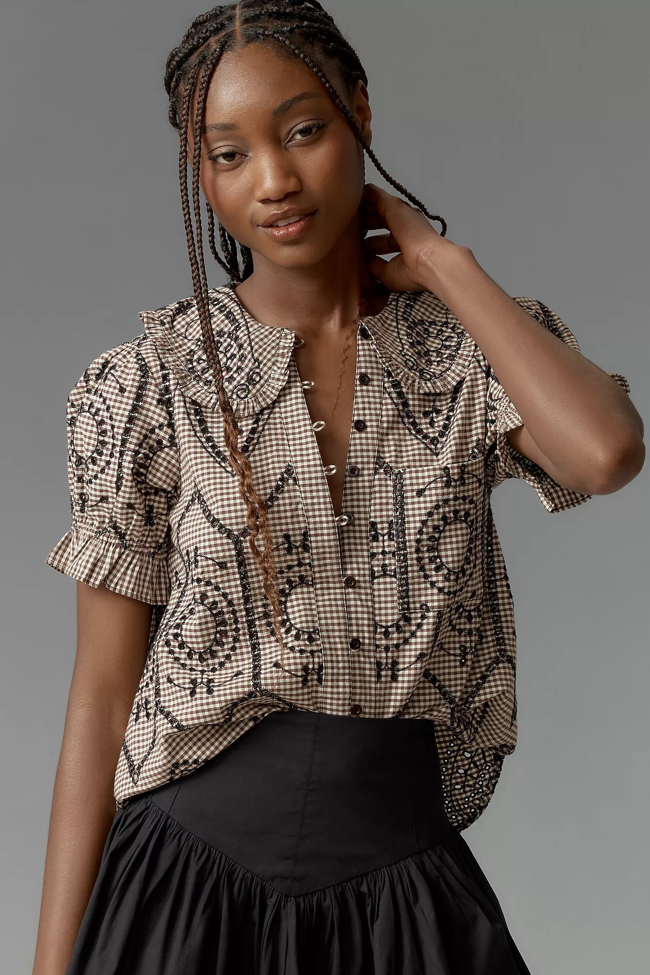 I’ve been wearing his blouse non stop! It has the most darling cut and I sized up to a medium petite for a looser fit which I love! 