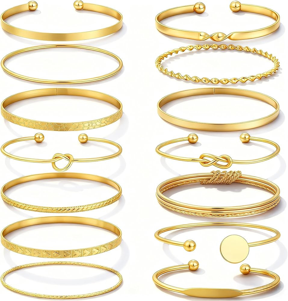 FAXHION Gold Bangle Bracelets for Women, 14 Pcs Multi Layer Stackable Bangle Set, 14K Gold Plated... | Amazon (US)