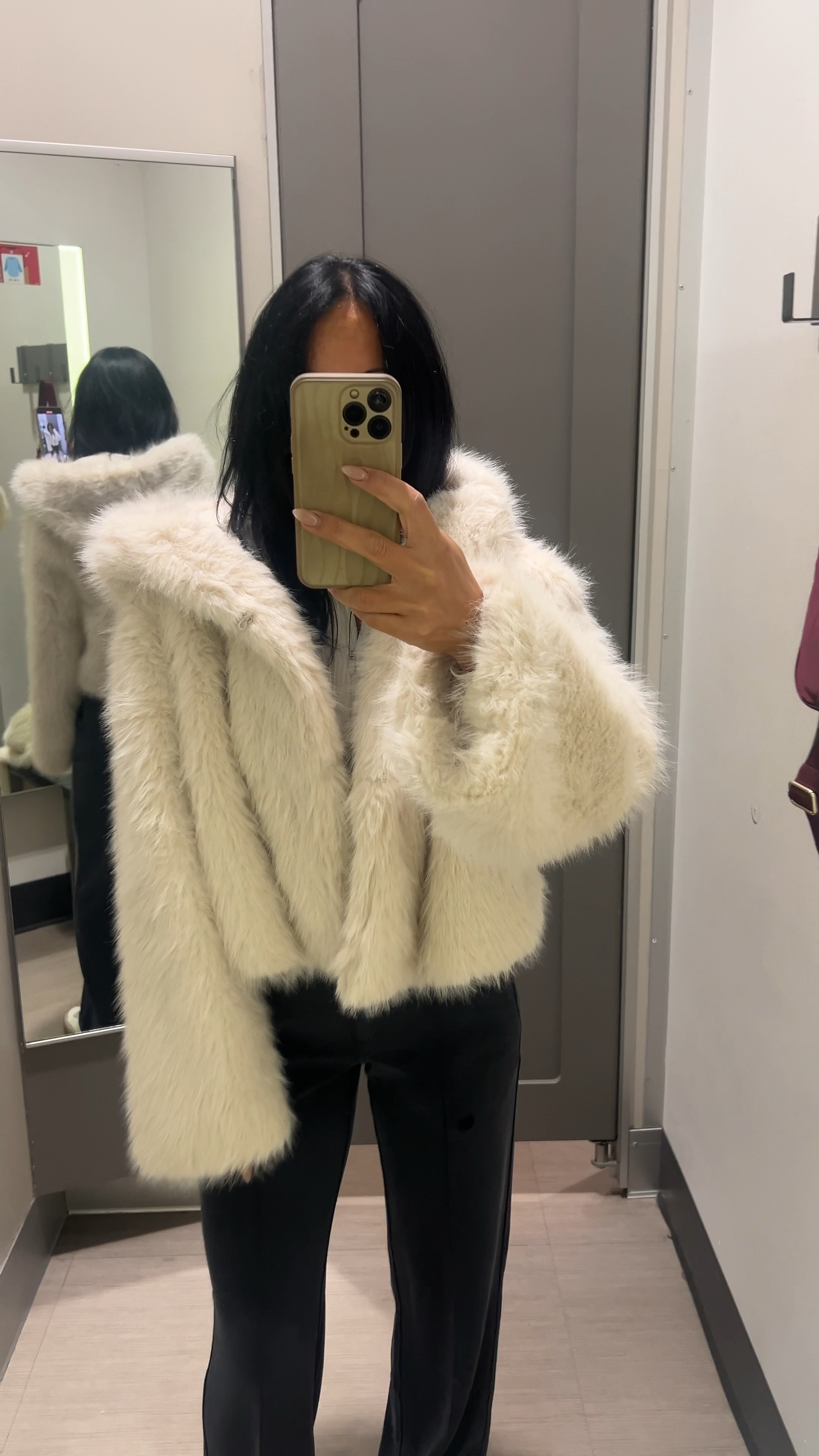 Faux fur  cropped jacket. Cream color consists of brown undertones, two side pockets, and three hidden hook eye closures. I’m wearing an XL and typically wear a small in jackets. 

#LTKCyberWeek #LTKHoliday #LTKFindsUnder50