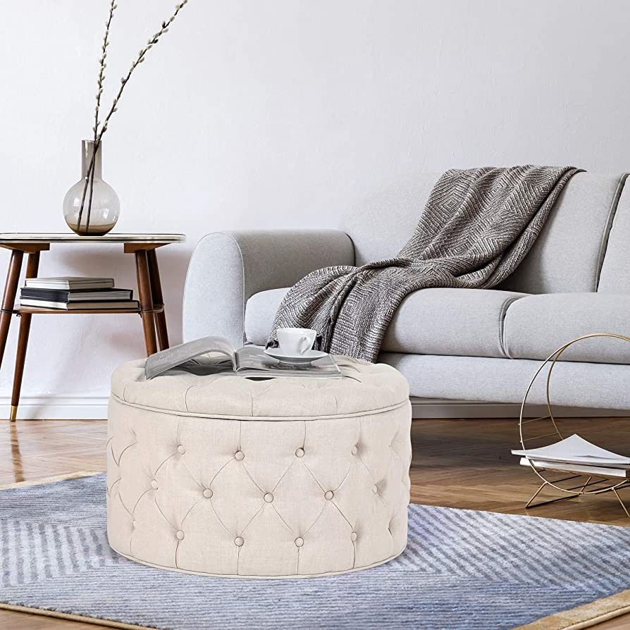 Homebeez Round Storage Ottoman Button-Tufted Fabric Footrest Stool Coffee Table for Living Room (... | Amazon (US)