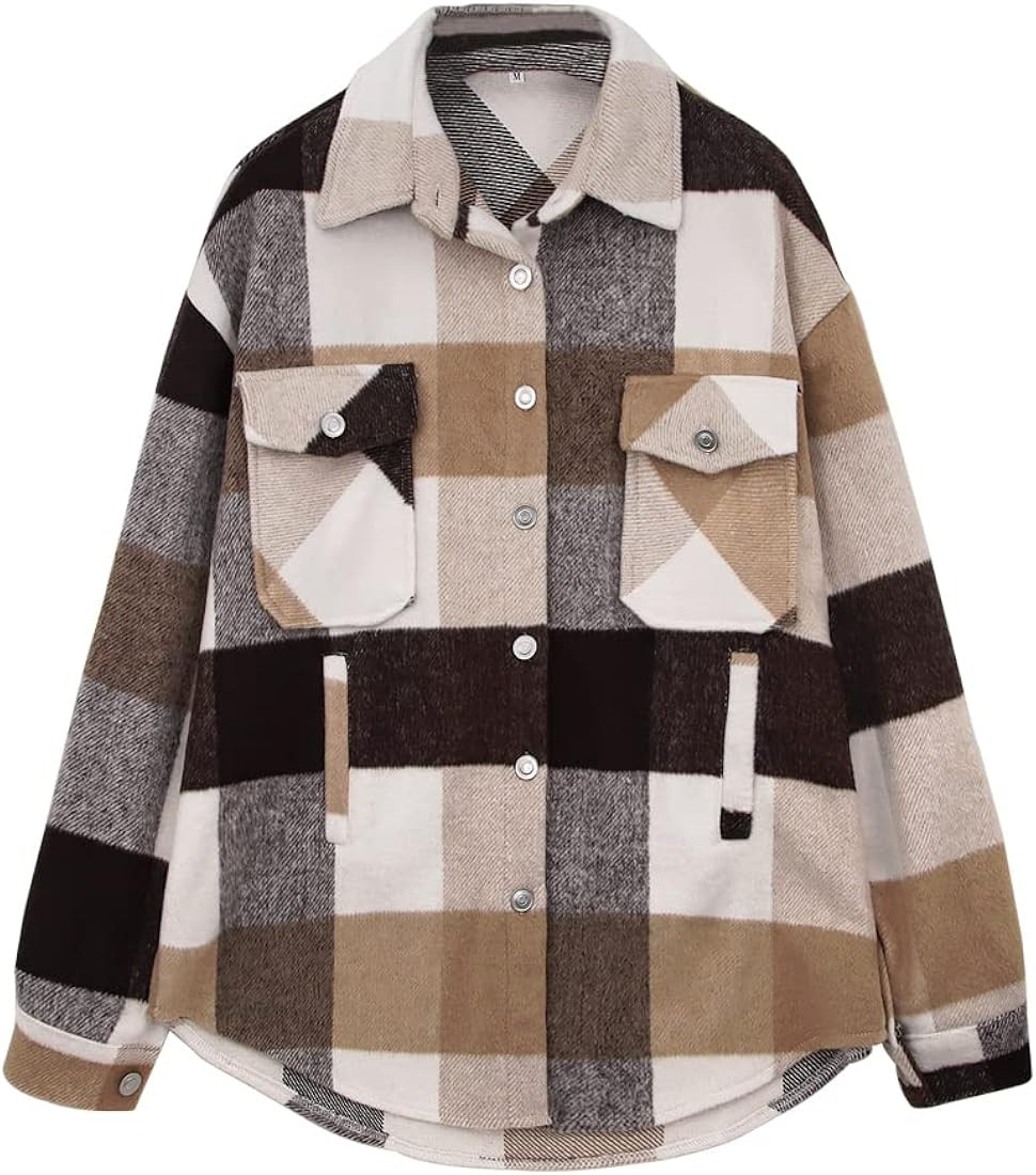 BOUTIKOME Womens Plaid Shacket Button Down Long Sleeve Shirt Coat Fall Winter Flannel Jacket Loos... | Amazon (US)