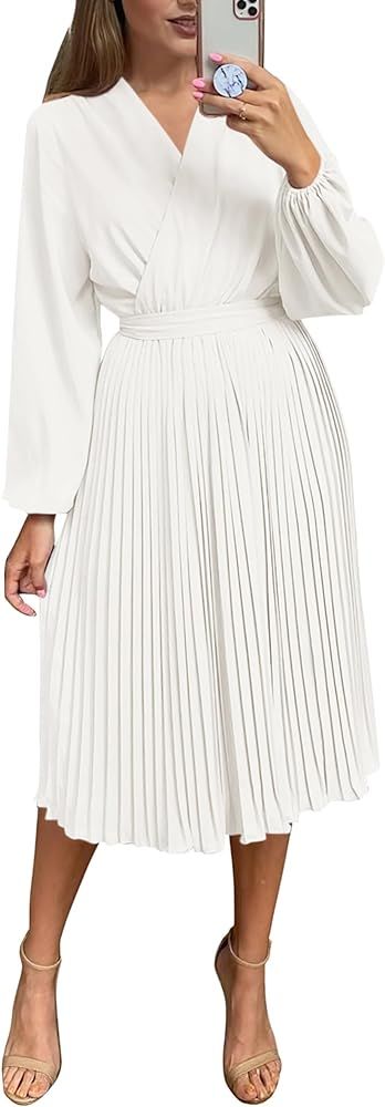 PRETTYGARDEN Women's Spring Midi Dress Long Puff Sleeve Wrap V Neck Flowy Ruffle Pleated Casual F... | Amazon (US)