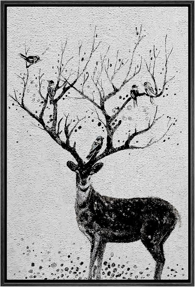 SIGNWIN Framed Canvas Print Wall Art Black & White Deer with Birds on Antlers Wildlife Animals Il... | Amazon (US)