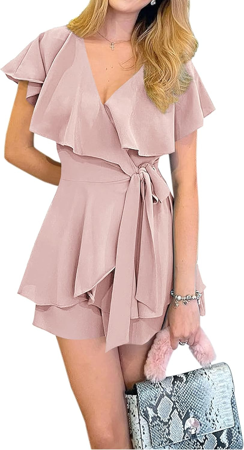 KIRUNDO 2023 Rompers For Women Summer Wrap V Neck Romper Short Sleeve Tie Waist Layer Ruffle Hem ... | Amazon (US)