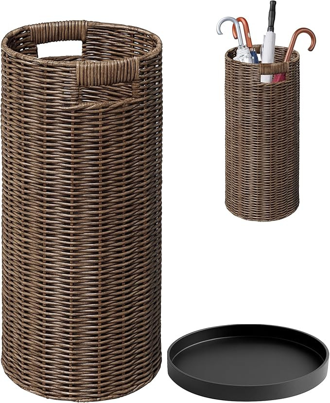 Rattan Umbrella Holder 20.8" H X 10" D,Handmade Wicker Umbrella Stand Indoor with Dip Tray,Sturdy... | Amazon (US)