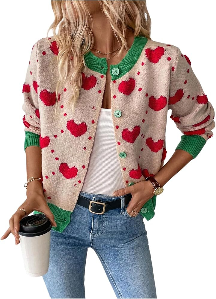 GORGLITTER Women's Heart Long Sleeve Button Down Cardigan Sweater Fall Trendy Dressy Color Block ... | Amazon (US)