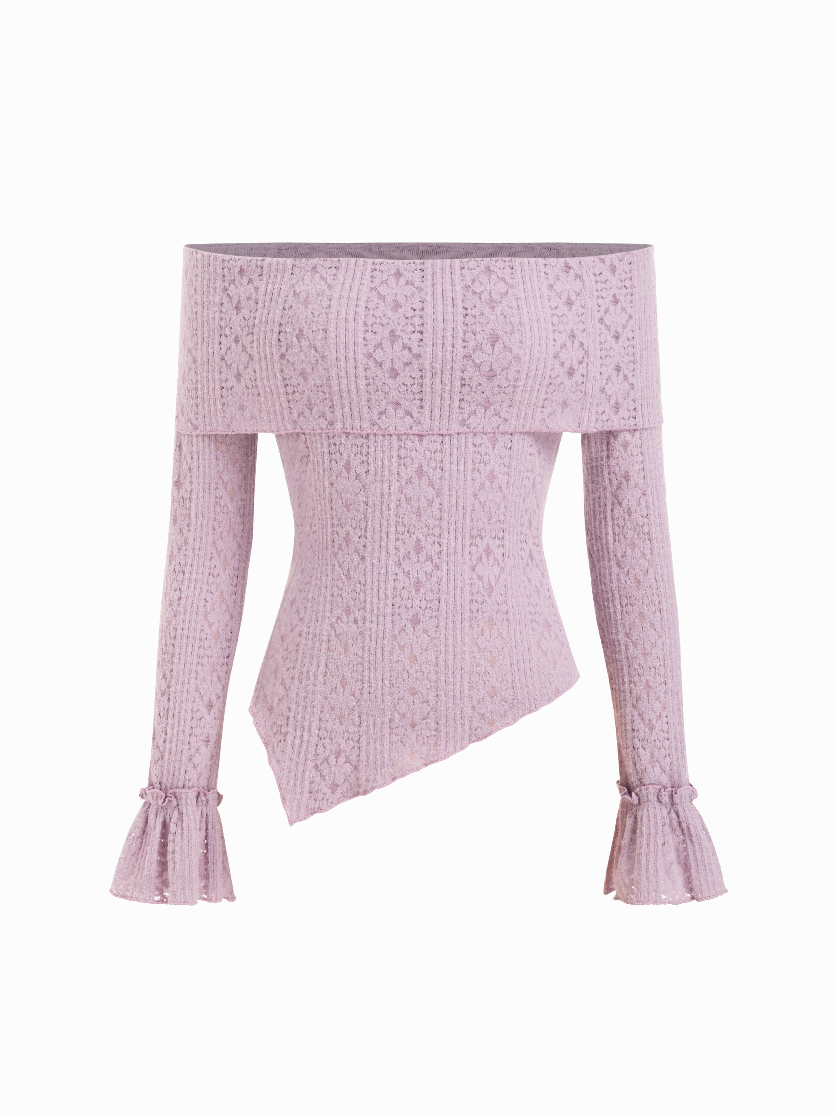 Knit Fabric Off-shoulder Floral Lettuce Trim Asymmetrical Hem Long Sleeve Top For Daily Casual | Cider