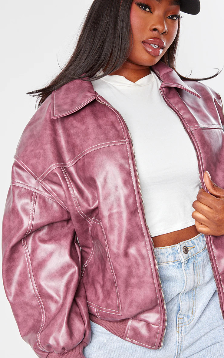 Plus Cherry Red Stitch Washed PU Bomber Jacket | Plus Size | PrettyLittleThing US