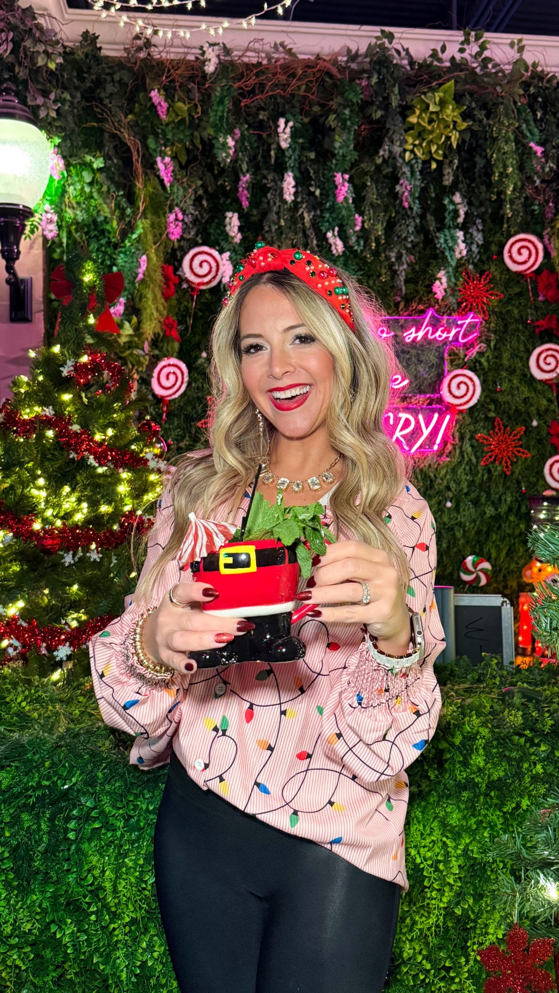 Festive holiday outfit - Christmas lights button up, faux leather leggings & a fun headband! Petite friendly and this top is under $20!!

#LTKHoliday #LTKSeasonal #LTKPetite