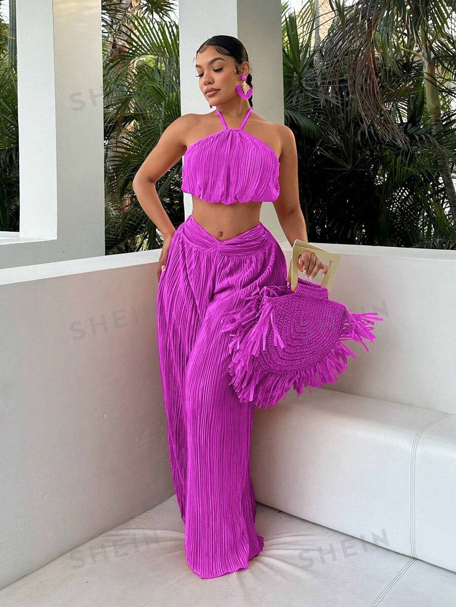 SHEIN SXY Holiday Style Ultra-Cut Off Halter Top With Twist Front Waist And Ultra-Loose Trousers ... | SHEIN