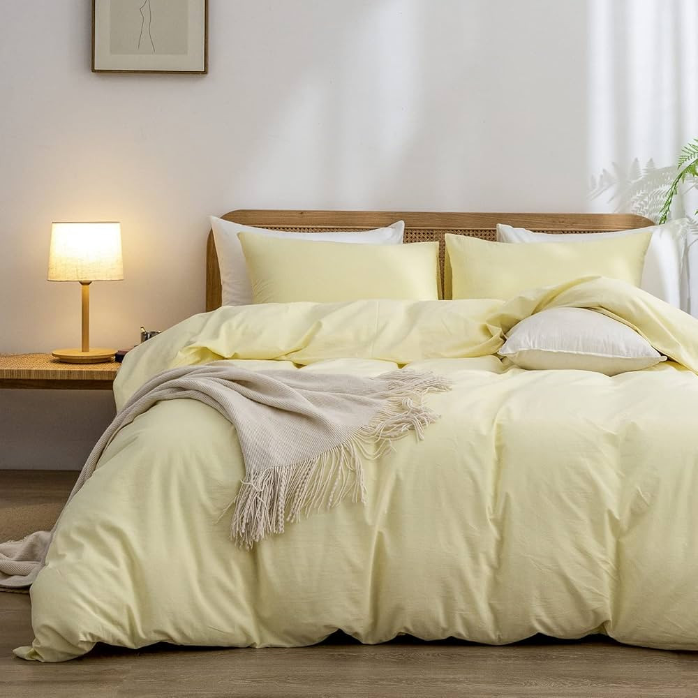 BESTOUCH Duvet Cover Set 100% Washed Cotton 3 PCs Solid Light Yellow King | Amazon (US)