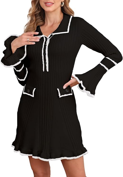 Ladyful Women's Sweater Mini Dress Long Sleeve Sexy Bodycon Button Front V-Neck Knit Pullover Dre... | Amazon (US)