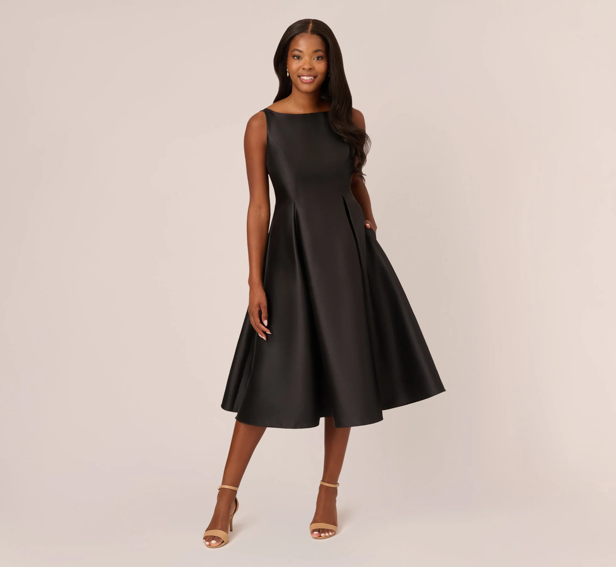 Sleeveless Mikado Fit And Flare Midi Dress With V-Back In Black | Adrianna Papell