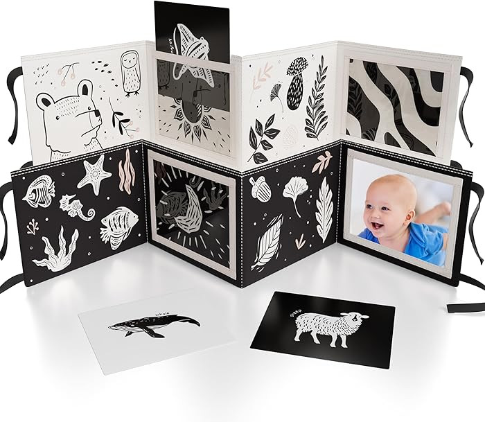 Soft Tummy Time Book w/ Stimulating Baby Safe Mirror - Fun Black and White Montessori Toy w/ Crin... | Amazon (US)