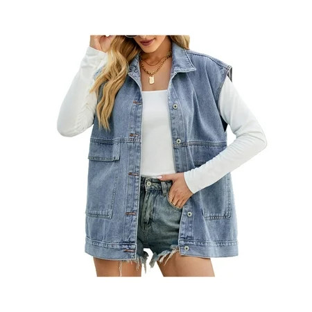 Gureui Women s Summer Denim Vest Casual Solid Color Turn-Down Collar Sleeveless Wide-shoulder Waistc | Walmart (US)
