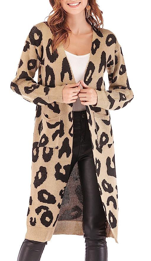 BTFBM Women Long Sleeve Open Front Leopard Knit Long Cardigan Casual Print Knitted Maxi Sweater C... | Amazon (CA)