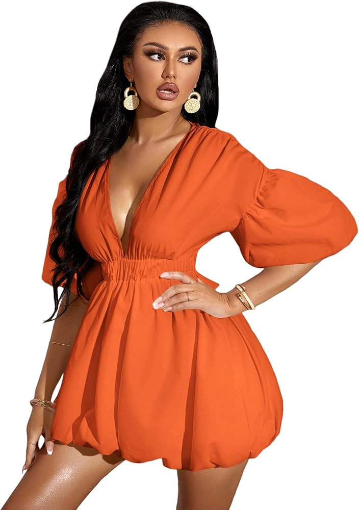 WDIRARA Women's Deep V Neck Puff Sleeve High Rise Flare Dress Elastic Waist Dress | Amazon (US)