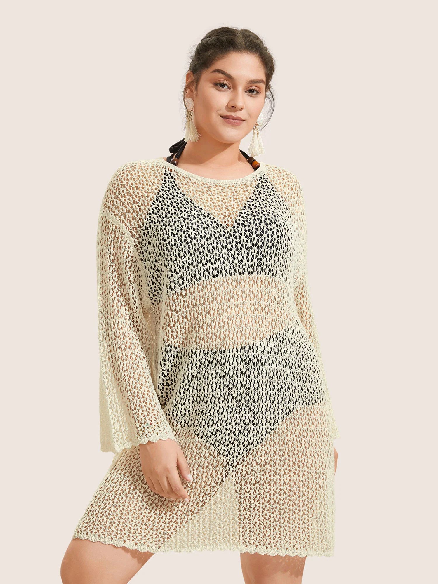 Plain Textur Pointelle Knit Bell Sleeve Cover Up | Bloomchic