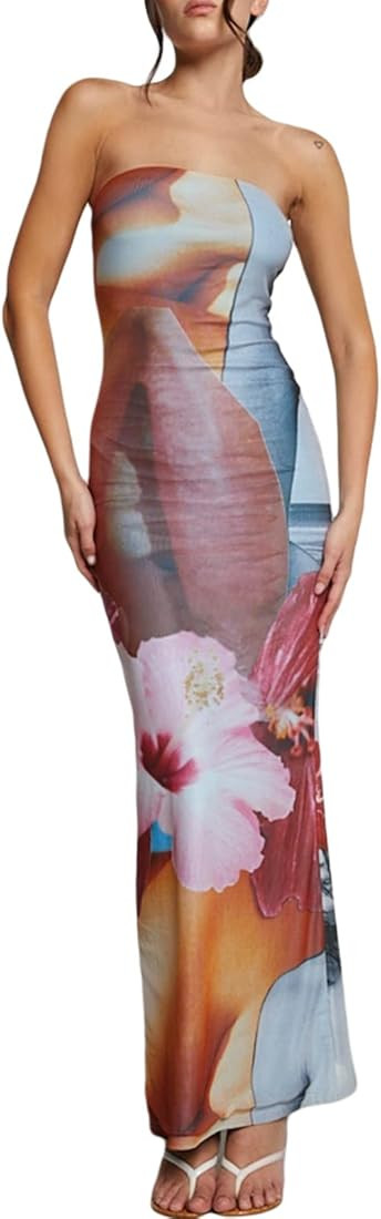 Women Sexy Strapless Tube Top Midi Dress Cut Out Bodycon Contrast Color Dress Summer Beach Dresse... | Amazon (US)