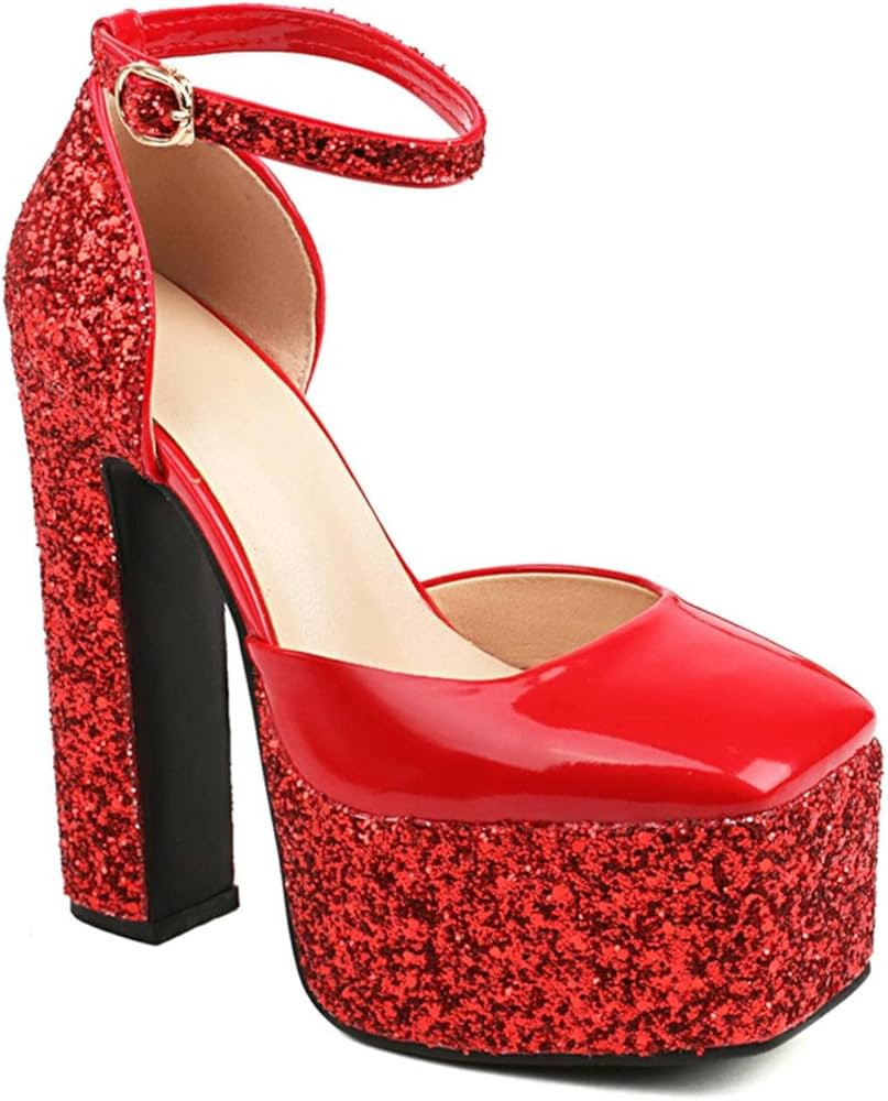 Women's Chunky Heel Shiny Platform Closed Toe High Heel Sandals Square Toe Ankle Strap Dress Part... | Amazon (US)