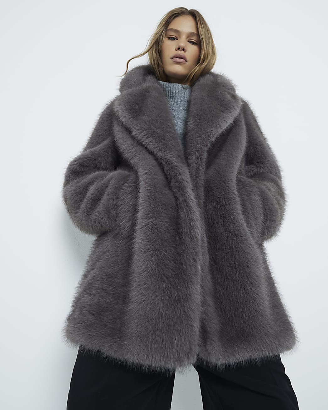 Grey mid length faux fur coat | River Island (UK & IE)