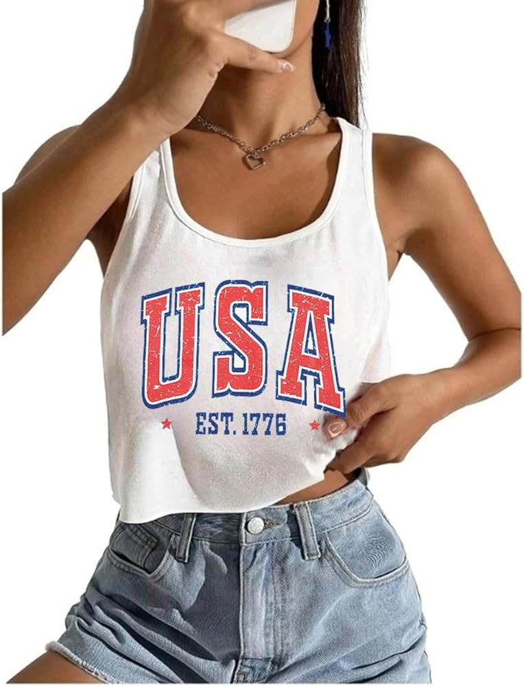 Women's Sexy American Flag Crop Tank 4th of July Patriotic Sleeveless Tee Tops | Amazon (US)