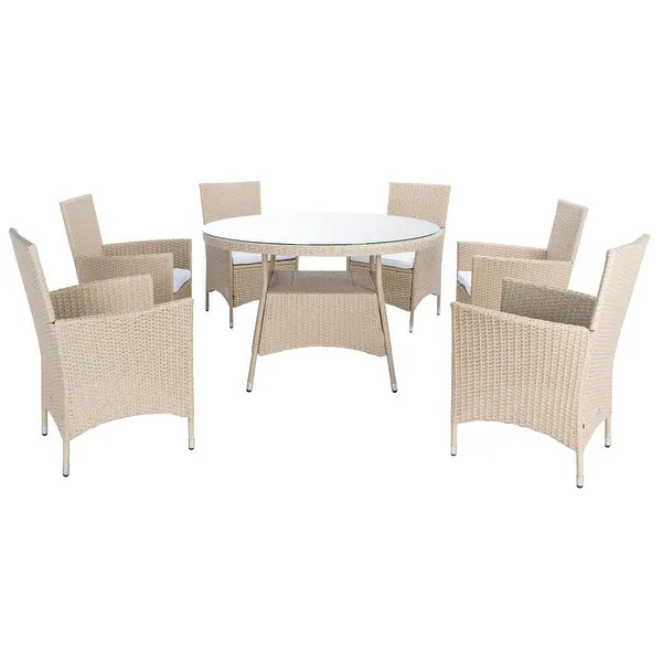SAFAVIEH Outdoor Living Challe 7-Piece Patio Dining Set - Beige/White Cushion | Bed Bath & Beyond