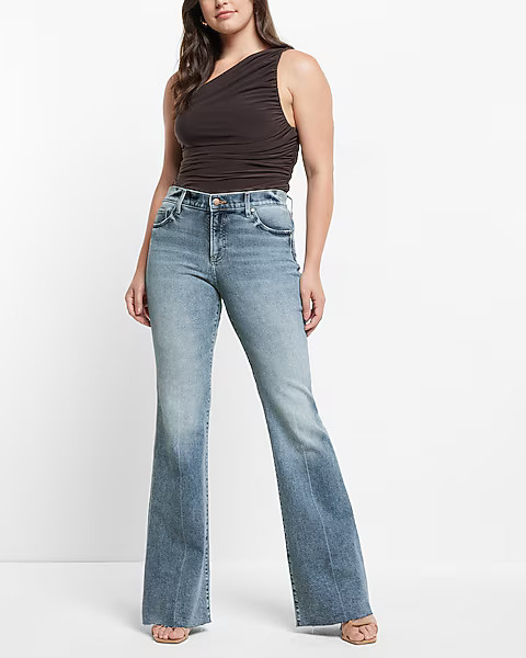 Mid Rise Light Wash Raw Hem 70s Flare Jeans | Express