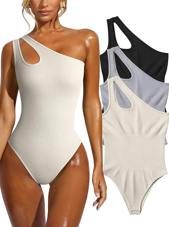 OQQ Women's 3 Piece Bodysuits Sexy Ribbed Sleeveless One Shoulder Tank Tops Exercise Bodysuits | Amazon (US)