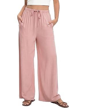 HONGTEYA Linen Pants for Women Wide Leg Palazzo Trousers Cotton Flowy Pants with Pockets for Summ... | Amazon (US)