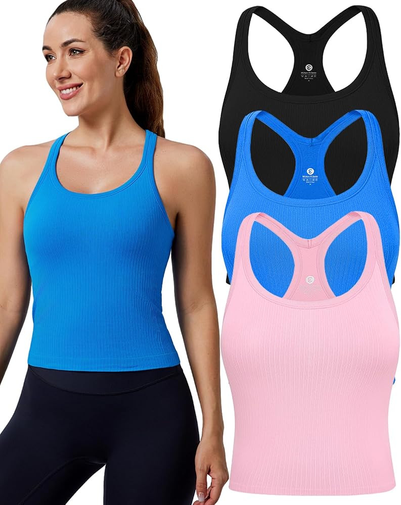 Evercute Women's 1/2/3 Pack Ribbed Workout Tank Tops with Built in Bra Racerback Seamless Crop Ta... | Amazon (US)