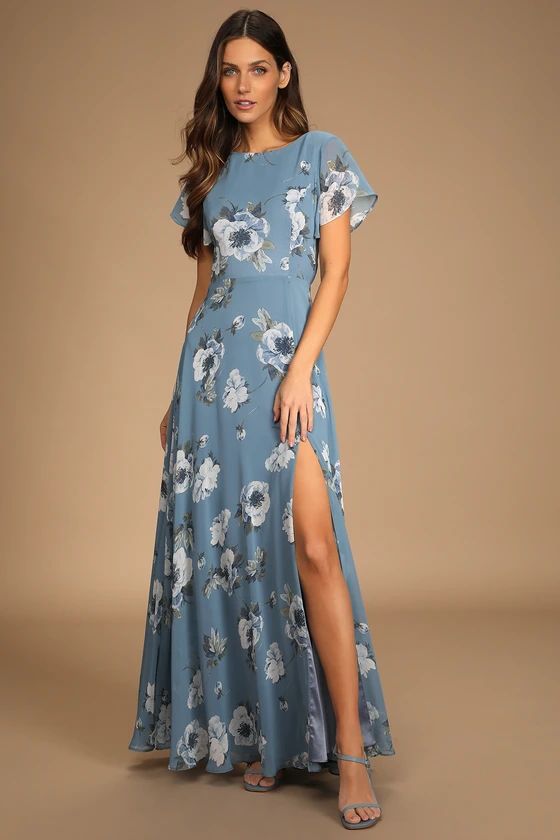 Classic Love Slate Blue Floral Print Tie-Back Maxi Dress | Lulus (US)