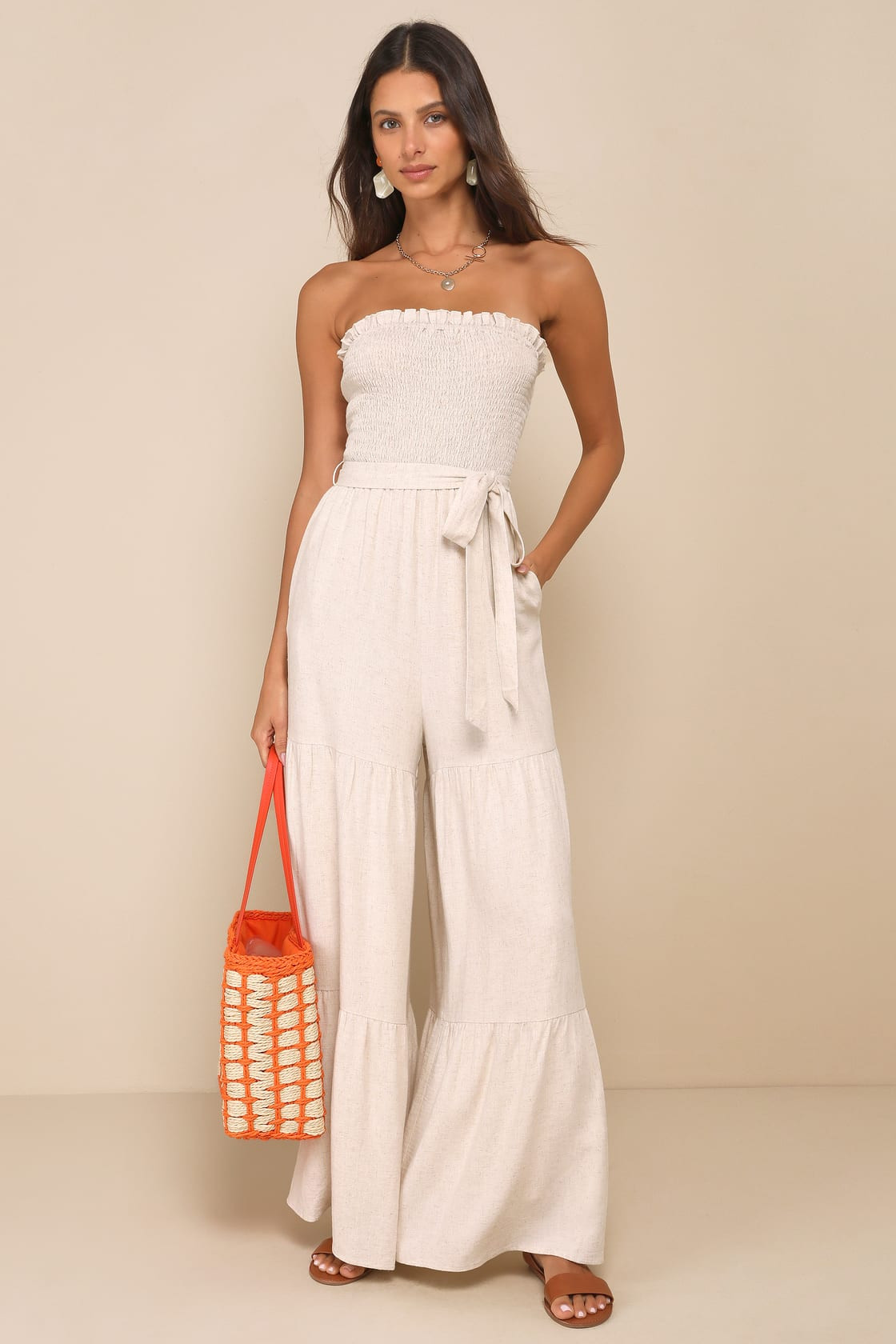 Effective Charm Beige Linen Smocked Strapless Wide-Leg Jumpsuit | Lulus