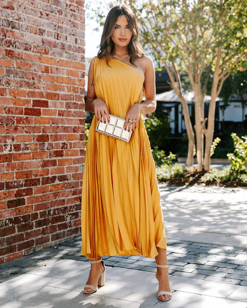Melina Satin One Shoulder Pleated Midi Dress - Marigold - SALE | VICI
