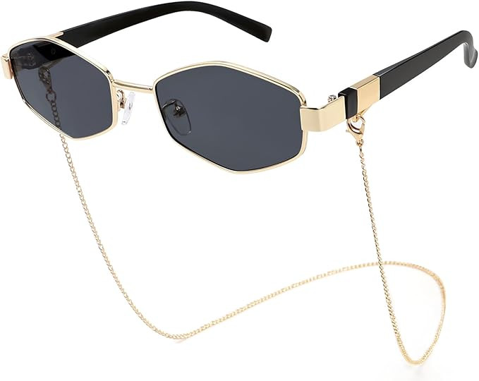 Trendy Hexagon Sunglasses For Women Retro Designer Metal Classic Shades Sun Glasses with Chain | Amazon (US)