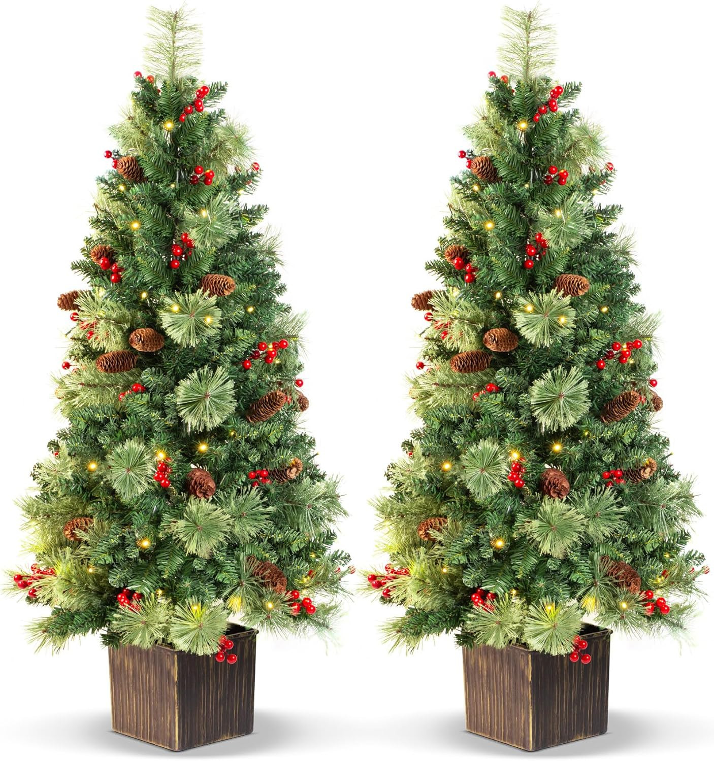 4FT Outdoor Christmas Tree with Lights in Vintage Potted Base, Battery Operated Xmas Tree with Ce... | Amazon (US)