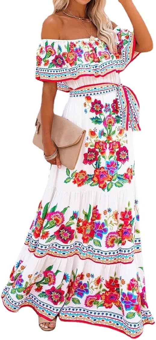 kevazingo Women's Mexican Off Shoulder Maxi Dress Summer Loose Floral Print Ruffle Neck Sleeveles... | Amazon (US)