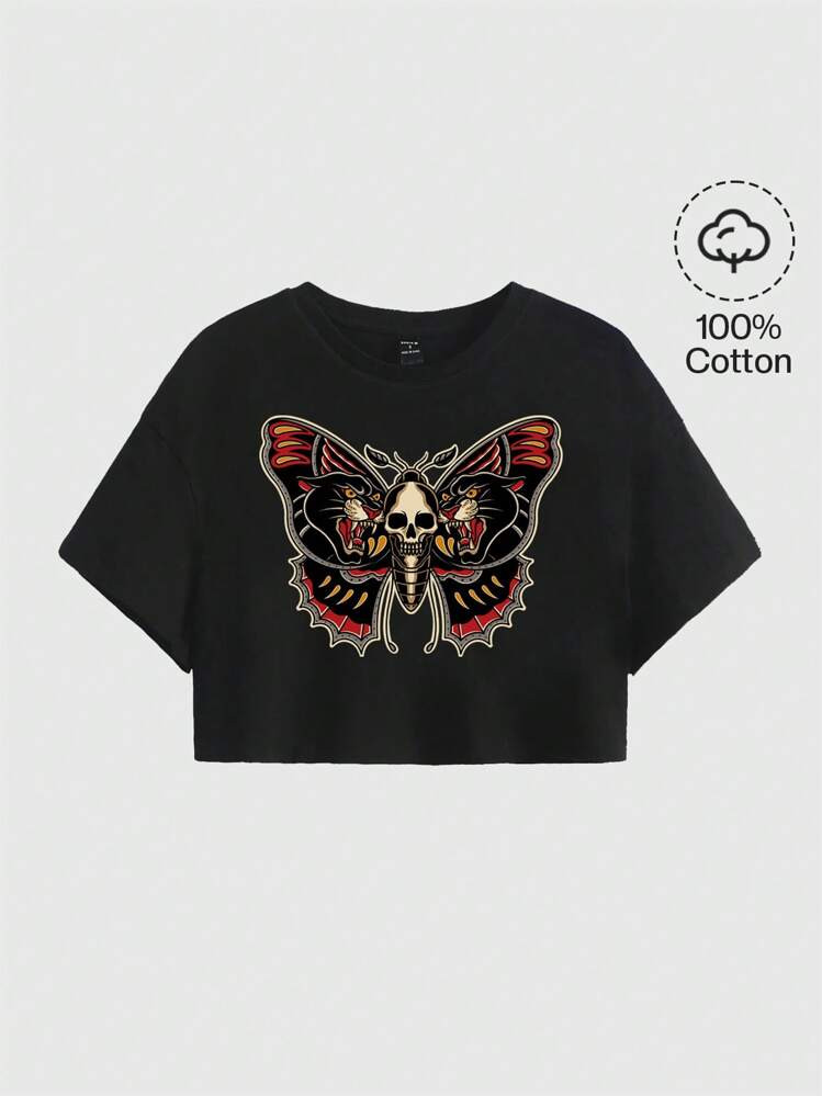 SNAP SUPPLY11 Goth Skull & Butterfly Graphic Loose Fit Short Sleeve Round Neck Women T-Shirt, Suitable For Summer | SHEIN