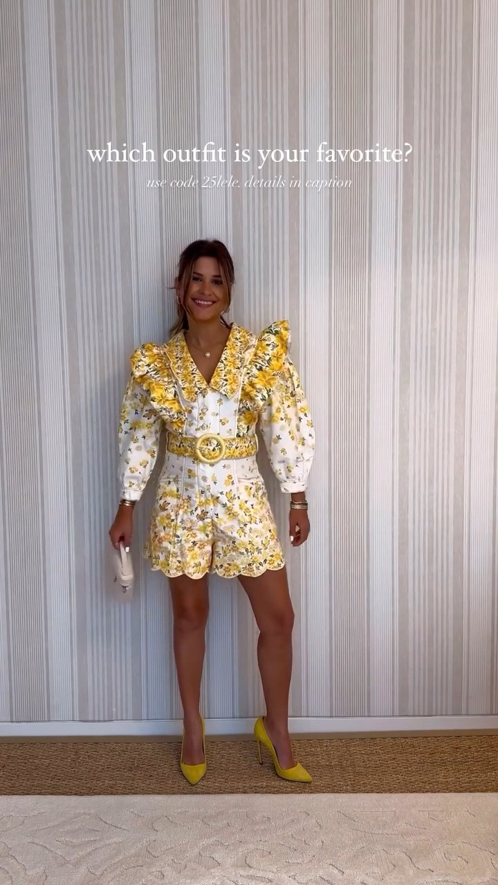 new in from @shopsaintbernard :) comment which outfit is your fav! use code 25lele *online* to get $25 off orders $125+! #ad 

outfit 1: @farmrio romper 

outfit 2: @mariadelaord vest 

outfit 3: @hunterbellnyc top
  @xirena jeans