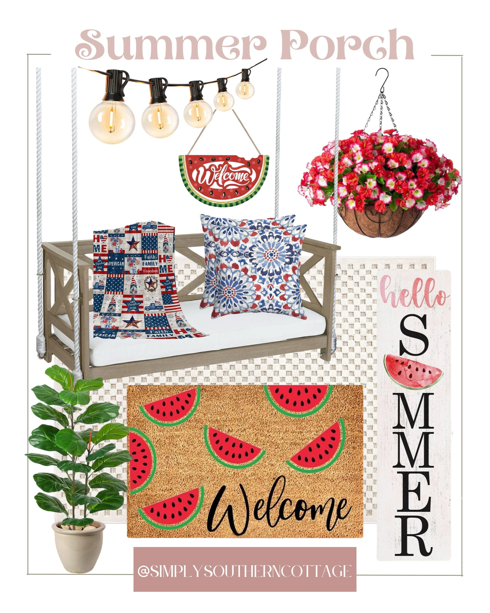 Summer Porch Decor, Summer Porch Idea, Outdoor Living Space, Summer Outdoor Decor, Walmart, Bed Swing, Porch Swing, Outdoor Living 

#LTKhome #LTKstyletip #LTKSeasonal