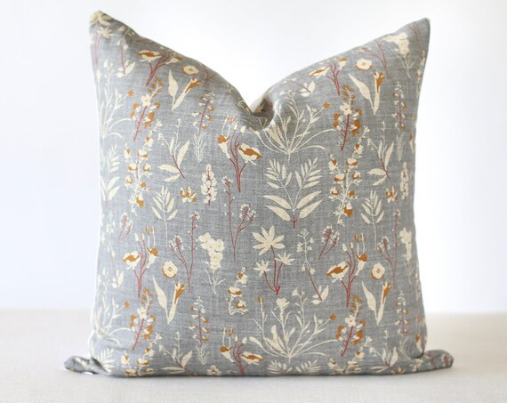 Wildflower Pillow Cover, Blue Grey Pillow Cover, Grey, Rust and Cream Pillow Cover, Grey Floral T... | Etsy (US)