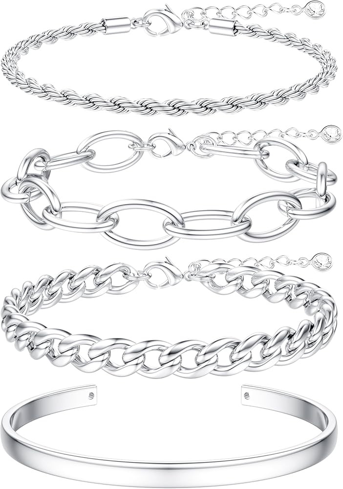 TEN MIRO Chunky Silver Plated Braceletss for Women Non Tarnish, Womens Silver Plated Bracelets St... | Amazon (US)