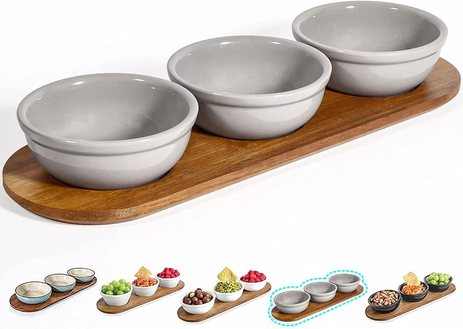 Artena 12 oz Solid Ceramic Chip and Dip Serving Set with Acacia Wooden Tray, 5-inch Grey Dipping ... | Amazon (US)