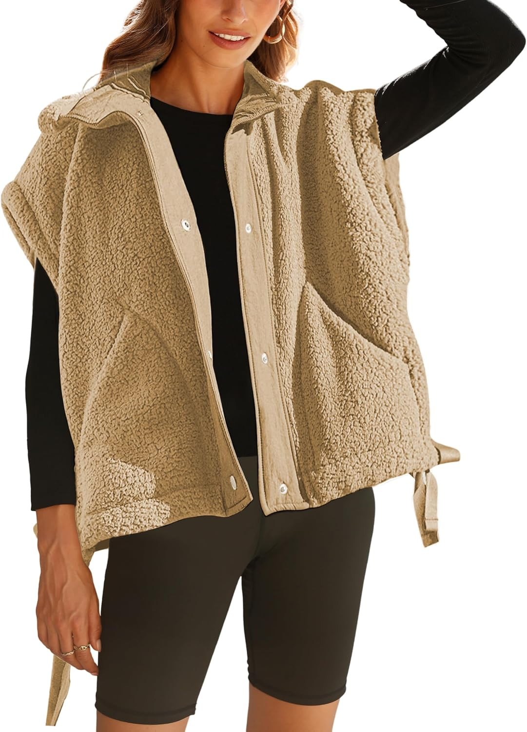 Women Oversized Fleece Vest Winter Warm Stand Collar Flysleeve Fuzzy Jackets Outerwear Coat with Pockets | Amazon (US)