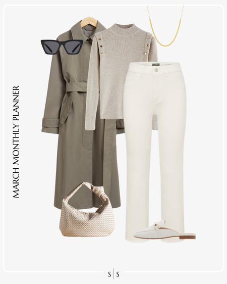 Monthly outfit planner: MARCH: Winter to Spring transitional looks | white denim, neutral mules, neutral sweater, trench coat, woven knit handbag

Neutral monochrome outfit 

See the entire calendar on thesarahstories.com ✨ 


#LTKstyletip