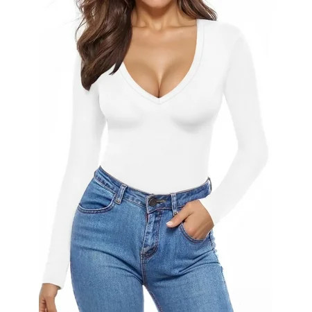 MOYIKO Deep V Neck Long Sleeve Shirts for Women Fitted Tops Tee,Size Large | Walmart (US)