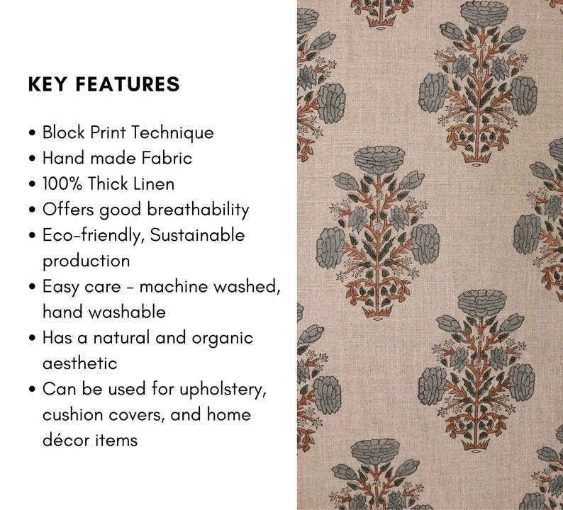 Thick Linen 58 Wide Indian Hand Block Floral Print, Windowpane, Hand Made Upholstery Home Decor S... | Etsy (US)