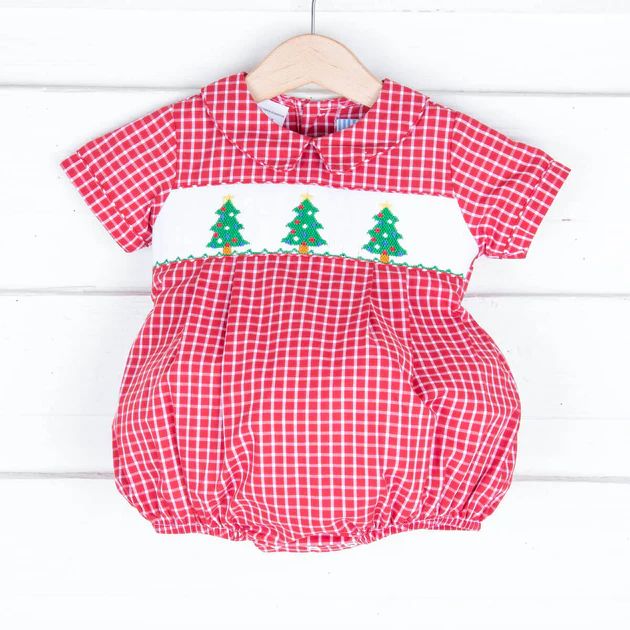 Smocked Christmas Tree Windowpane Collared Bubble | Classic Whimsy