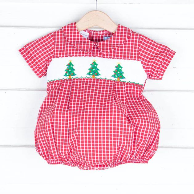 Smocked Christmas Tree Red Windowpane Collared Boy Bubble | Classic Whimsy