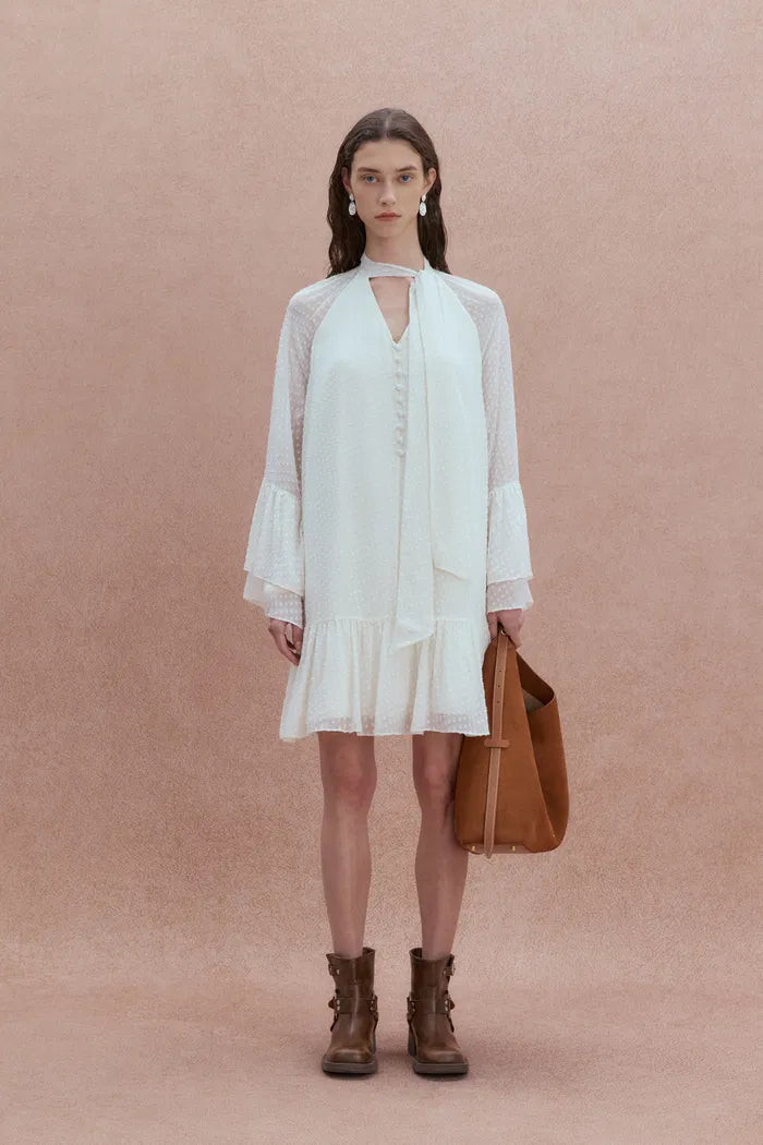 Megan Ruffle Polka Dot Shirt Dress in Mulberry Silk Burnout Jacquard | Fabrique